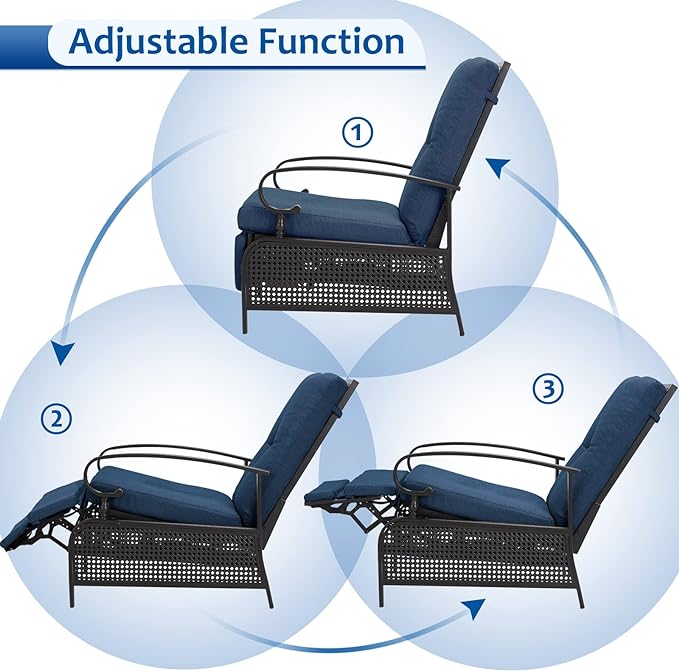 AECOJOY Outdoor Recliner Chairs Set of 2, Patio Outdoor Lounge Chairs Set of 2 with Adjustable Back, Pool Lounge Chairs with Navy Blue Olefin Cushions (Removable)