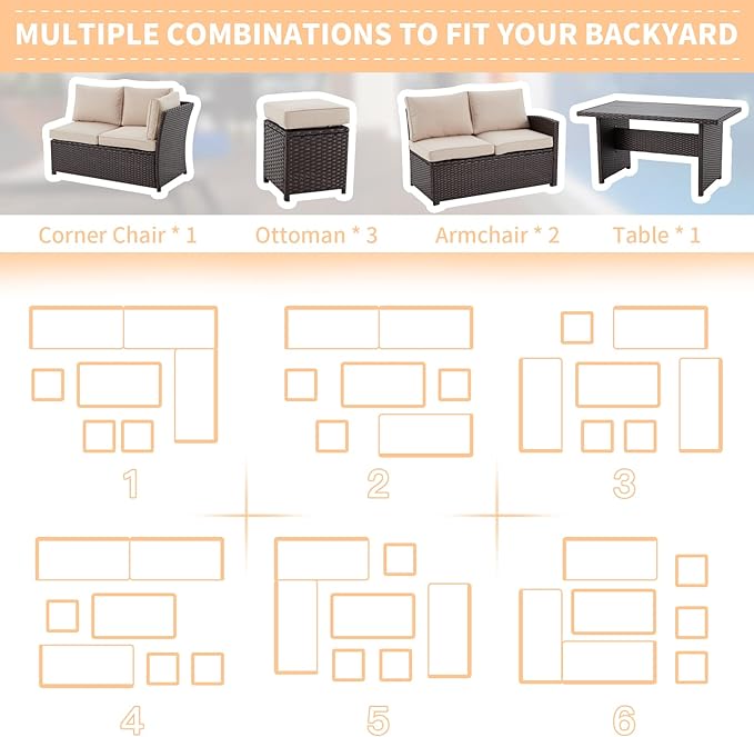 AECOJOY Patio Furniture Set, 7 Pieces Outdoor Patio Furniture with Dining Table&Chair, All Weather Wicker Conversation Set with Ottoman,Khaki