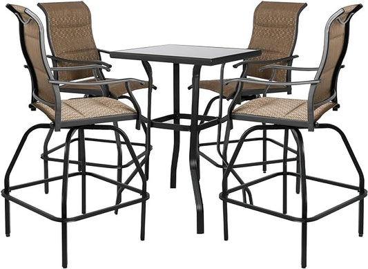 Patio Bar Set 5pcs Swivel Bar Stools Outdoor Bistro Textilene Furniture Stability All-Weather Set with Height Table (5, Dark Brown Padded)