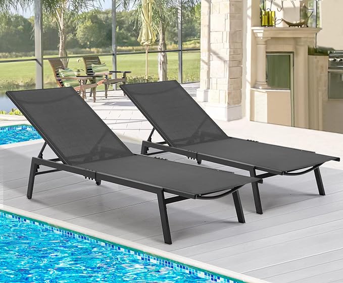 AECOJOY Patio Aluminum Lounge Chairs for Outside,Adjustable Outdoor Chaise Lounge for Outside Pool,Curved Design Pool Lounge Chairs Set of 2,Black