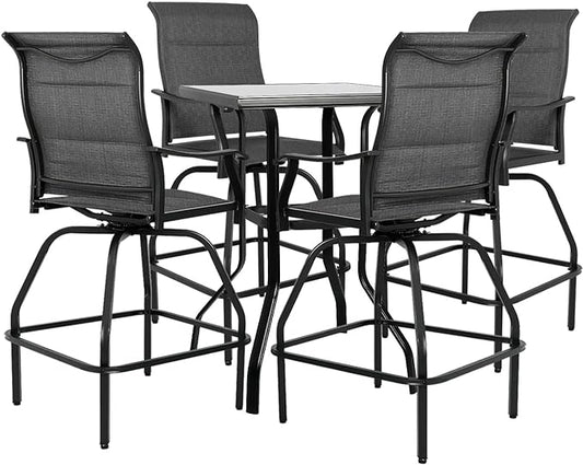 Patio Bar Set 5pcs Swivel Bar Stools Outdoor Bistro Textilene Furniture Stability All-Weather Set with Height Table (5, Grey Padded)