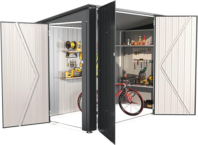 AECOJOY Bike Shed with Racks Inside, 4' x 7.5' Outdoor Horizontal Sheds & Outdoor Storage with Triple Lockable Door, Lean-to Small Metal Storage Cabinet for Bicycles, Tools Storage for Garden Use