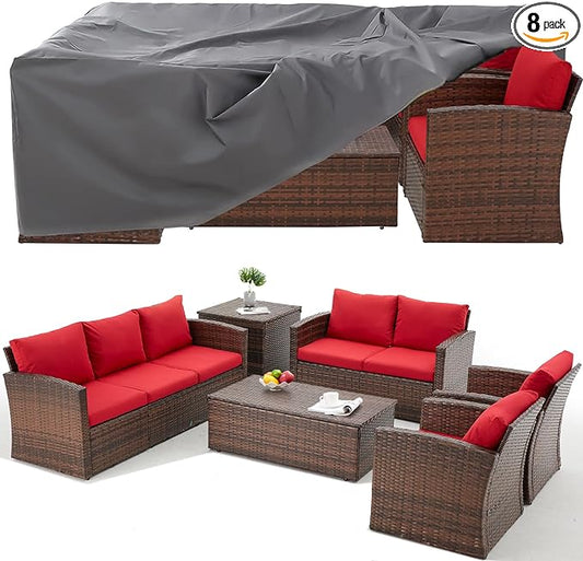 AECOJOY 7 PCS Patio Furniture Set with Two Storage Boxes&Patio Set Cover, Outdoor Rattan Conversation Set, PE Wicker Sectional Sofa Outdoor Furniture, Brown Rattan&Red Cushions