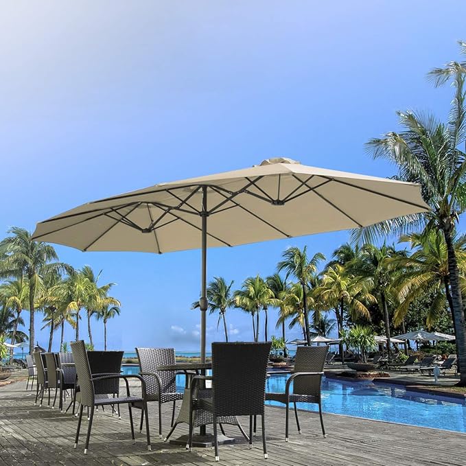 AECOJOY 15x9ft Double-Sided Patio Umbrella Outdoor Market Umbrella Large Umbrella Table Umbrellas with Crank Air Vents for Deck Pool Patio (1.9" Pole, Beige)