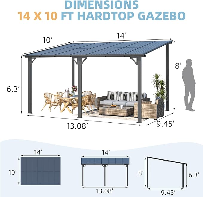 AECOJOY 14' x 10' Gazebo for Patio, Hard Top Lean to Gazebo Pergola with Roof (140 Sq.Ft Shaded), Large Wall-Mounted Heavy Duty Awnings for Patio, Decks, Backyard and More