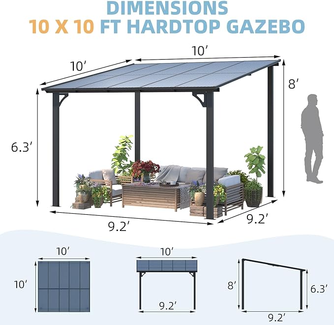 AECOJOY 10’ x 10’ Gazebo, Wall Mounted Gazebos Pergola on Clearance, Outdoor Patio Lean to Gazebo Awnings for Deck, Porch, Backyard and More