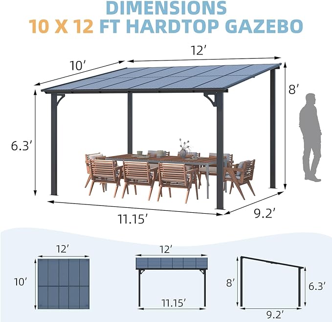 AECOJOY Wall Gazebo12’ x 10’, Hard Top Gazebos Pergola on Clearance, Outdoor Patio Lean to Gazebo Canopy Awnings for Deck, Porch, Backyard and More