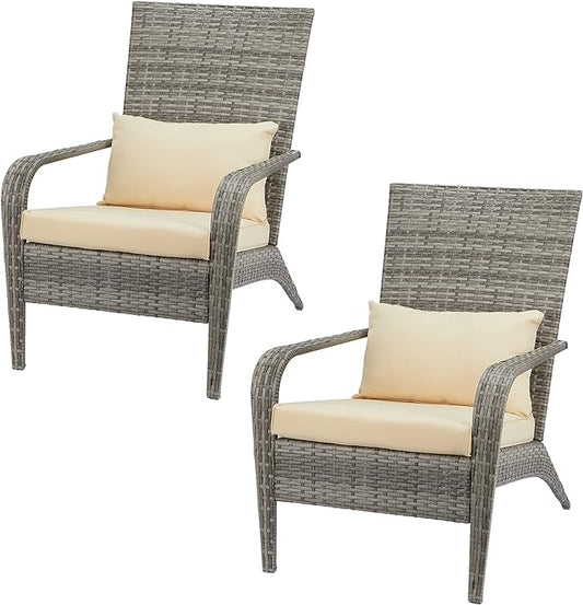 AECOJOY 2 Pieces Patio Adirondack Wicker Chair,PE Rattan Wicker Patio Dining Chair Set of 2, Grey Wicker Beige Cushion and Pillow for Garden, Backyard, Porch