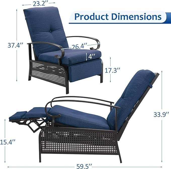 AECOJOY Outdoor Recliner Chairs Set of 2, Patio Outdoor Lounge Chairs Set of 2 with Adjustable Back, Pool Lounge Chairs with Navy Blue Olefin Cushions (Removable)