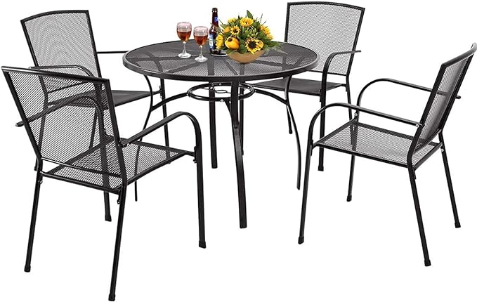 AECOJOY Metal Patio Table and Chairs Set for 4, Outdoor Dining Sets Patio Dining Table Furniture Set Round Outside Table and Chairs for Garden Backyard with 1.73" Umbrella Hole