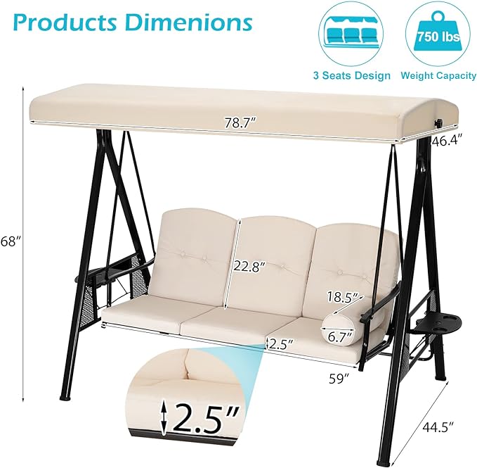 AECOJOY Outdoor Patio Swing Chair for Adults, 3-Seat Porch Swings with Adjustable Canopy, Outside Swing Bench with Removable Cushion, Suitable for Backyard, Garden, Yard, Poolside, Balcony (Beige)