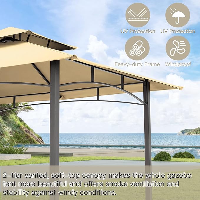 AECOJOY 8' x 5' Grill Gazebo, Grill Canopy for Outdoor Grill, 2- Tier BBQ Gazebo Shelter for Patio, Backyard and More (Beige)