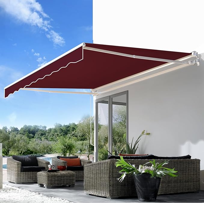 AECOJOY 8.2'×6.5' Manual Retractable Awning Sun Shade Patio Awning Cover Outdoor Patio Canopy Sunsetter Deck Awnings with Manual Crank Handle, Wine Red