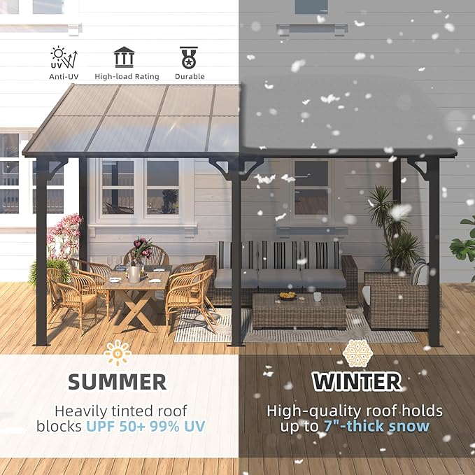 AECOJOY 14' x 10' Gazebo for Patio, Hard Top Lean to Gazebo Pergola with Roof (140 Sq.Ft Shaded), Large Wall-Mounted Heavy Duty Awnings for Patio, Decks, Backyard and More