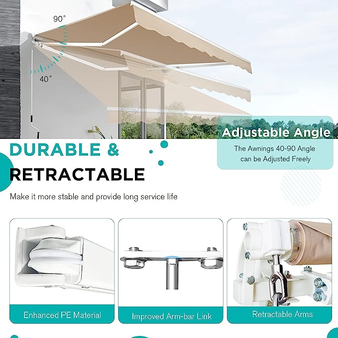 AECOJOY 13'×10' Manual Retractable Awning Sun Shade Patio Awning Cover Outdoor Patio Canopy Sunsetter Deck Awnings with Manual Crank Handle, Beig