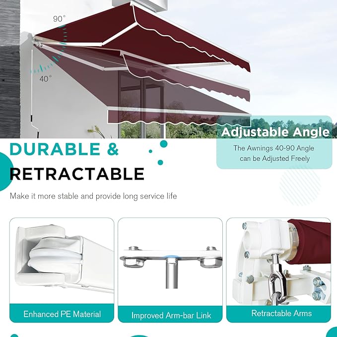 AECOJOY 8.2'×6.5' Manual Retractable Awning Sun Shade Patio Awning Cover Outdoor Patio Canopy Sunsetter Deck Awnings with Manual Crank Handle, Wine Red