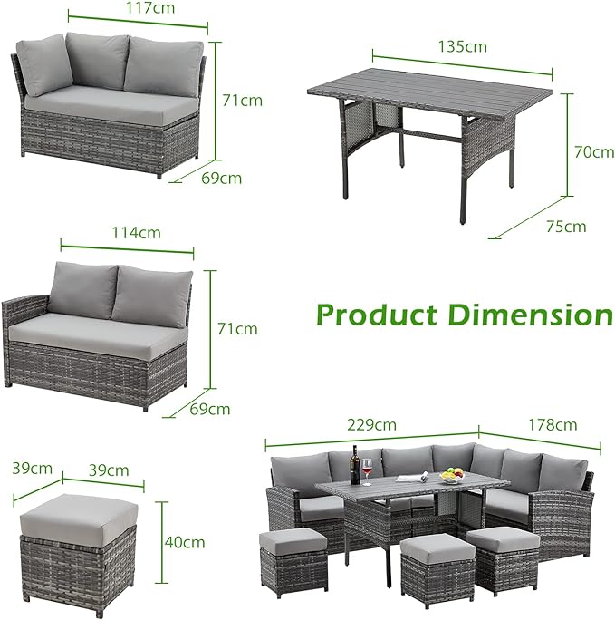 AECOJOY Patio Furniture Set, 7 Pieces Outdoor Patio Furniture with Dining Table&Chair, All Weather Wicker Conversation Set with Ottoman, Slategray