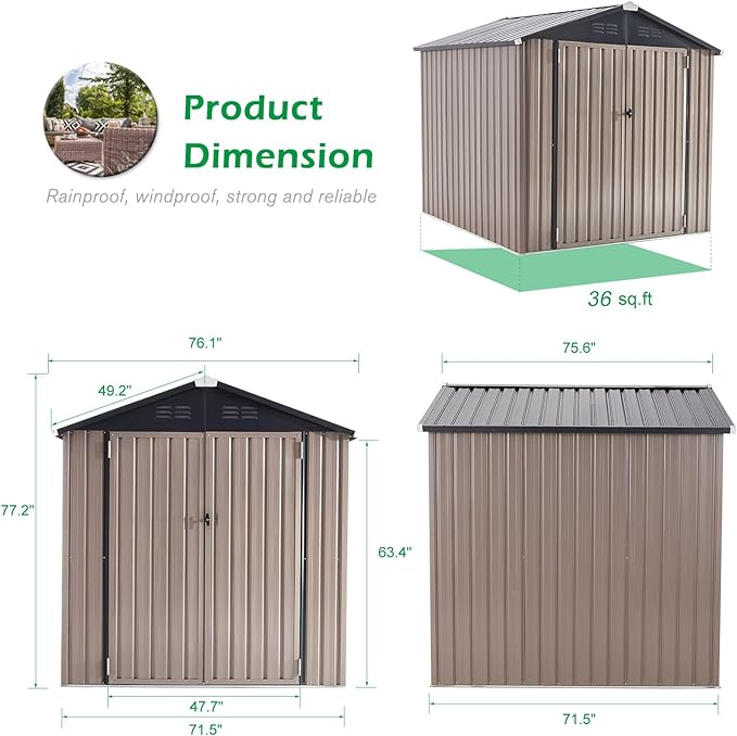 AECOJOY 6' x 6' Outdoor Storage Shed, Metal Shed with Design of Lockable Doors, Utility and Tool Storage for Garden, Backyard, Patio, Outside use