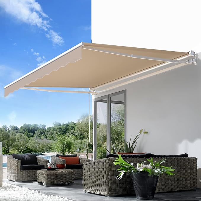 AECOJOY 8.2'×6.5' Manual Retractable Awning Sun Shade Patio Awning Cover Outdoor Patio Canopy Sunsetter Deck Awnings with Manual Crank Handle, Beige