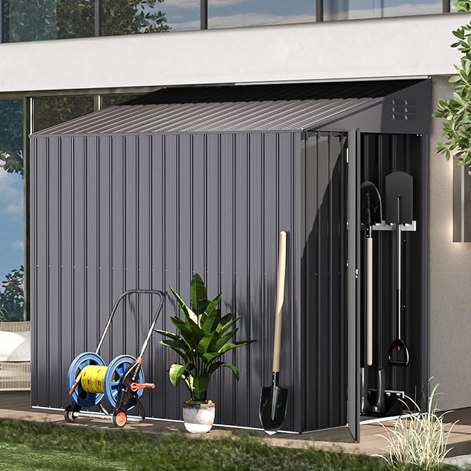 AECOJOY Outdoor Storage Shed Lean to, 4.2' x 7' Small Metal Wall Side Door Sheds & Outdoor Storage, Outdoor Storage Cabinet for Garden, Backyard and Outdoor Use in Dark Grey