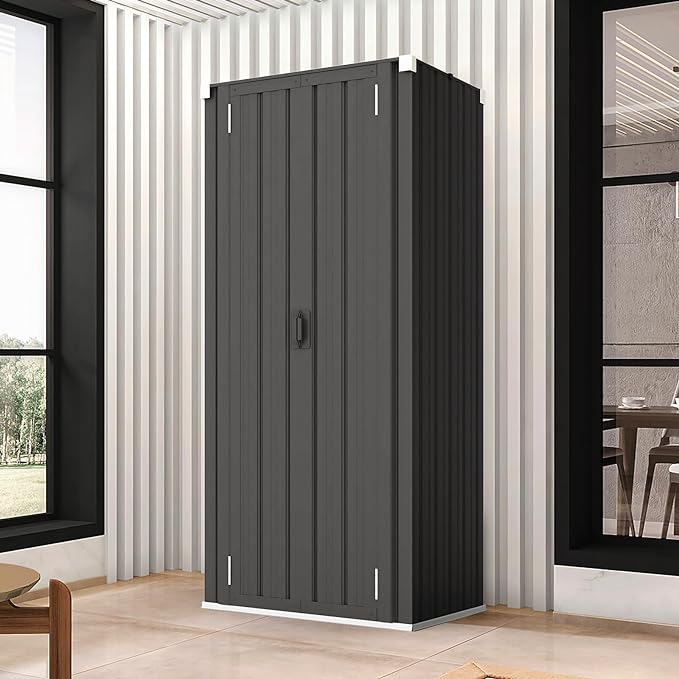 AECOJOY Outdoor Storage Cabinet Waterproof with Adjustable Shelves, Lockable Metal Outdoor Garden Storage Shed Organizer, Versatile for Garage, Backyard, or Indoor Use in Dark Grey