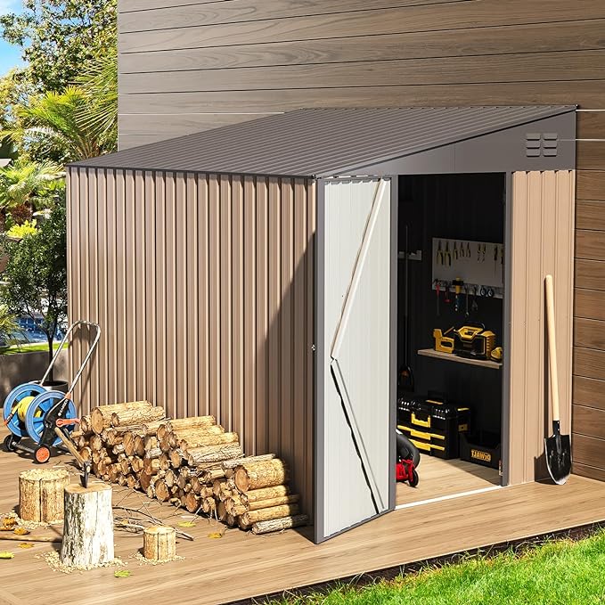 AECOJOY Storage Shed Lean to, Outdoor 6' x 8' Metal Wall Side Bike Shed & Outdoor Storage, Garden Storage Cabinet for Backayrd, Patio and Outdoor Use in Taupe