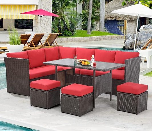 AECOJOY 7 Pieces Patio Furniture Set with Table, Outdoor Patio Furniture, Outdoor Dining Sectional Sofa with Table&Chair, Brwon Rattan and Red Cushion