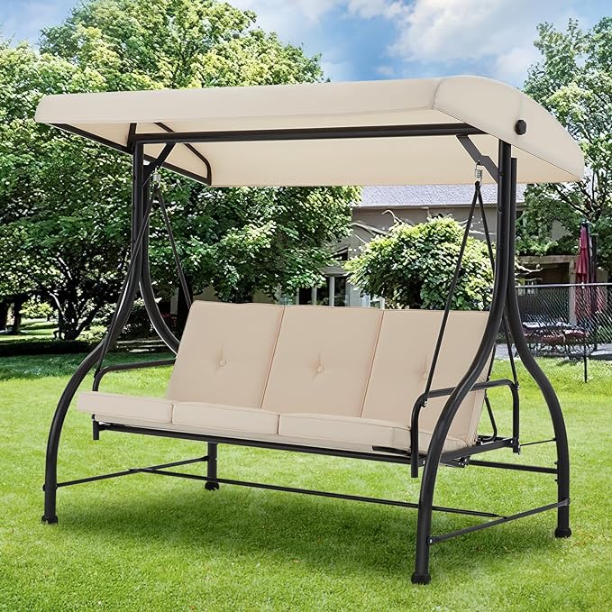 AECOJOY 3-Seat Outdoor Patio Swing, Converting Porch Patio Swing with Canopy Hammock w/Adjustable Backrest and Canopy, Removable Cushions Outdoor Swing with Stand, Beige