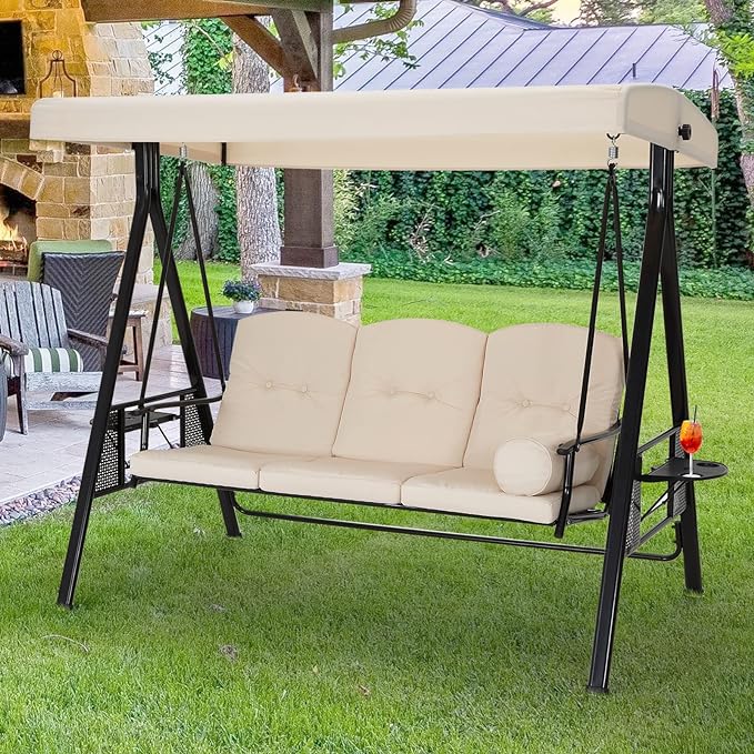 AECOJOY Outdoor Patio Swing Chair for Adults, 3-Seat Porch Swings with Adjustable Canopy, Outside Swing Bench with Removable Cushion, Suitable for Backyard, Garden, Yard, Poolside, Balcony (Beige)