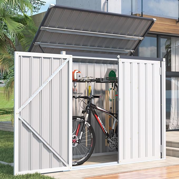 AECOJOY 46 Cu.Ft Outdoor Storage Box Sheds, Large Waterproof Horizontal Outdoor Storage Cabinet Box with Lockable Multi-Opening Door for Bikes, Trash Cans, Garden Tools, and More in White