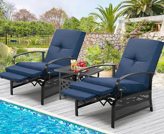 AECOJOY Outdoor Recliner Chairs Set of 2, Patio Outdoor Lounge Chairs Set of 2 with Adjustable Back, Pool Lounge Chairs with Navy Blue Olefin Cushions (Removable)