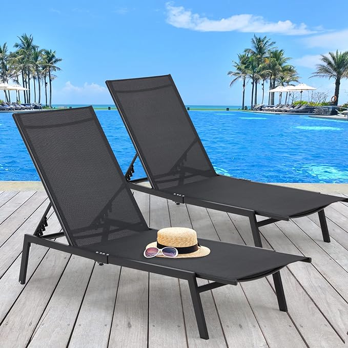 AECOJOY Patio Aluminum Lounge Chairs for Outside,Adjustable Outdoor Chaise Lounge for Outside Pool,Curved Design Pool Lounge Chairs Set of 2,Black