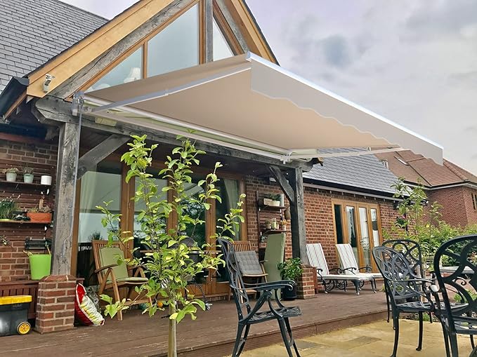 AECOJOY 13'×10' Manual Retractable Awning Sun Shade Patio Awning Cover Outdoor Patio Canopy Sunsetter Deck Awnings with Manual Crank Handle, Beig