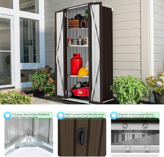 AECOJOY Outdoor Storage Shed Cabinet Waterproof with 3-Tier Adjustable Shelves, Lockable Metal Outdoor Garden Versatile Storage Shed Organizer, for Garage, Backyard, or Indoor Use