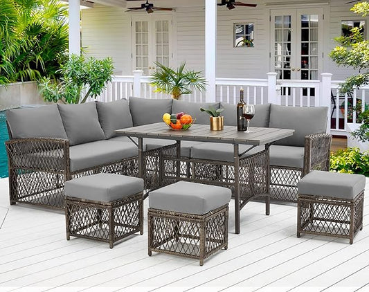 AECOJOY Patio Furniture Set, Outdoor Patio Furniture with Dining Table&Chair, 7 Pieces All Weather Wicker Conversation Set with Ottoman,Grey