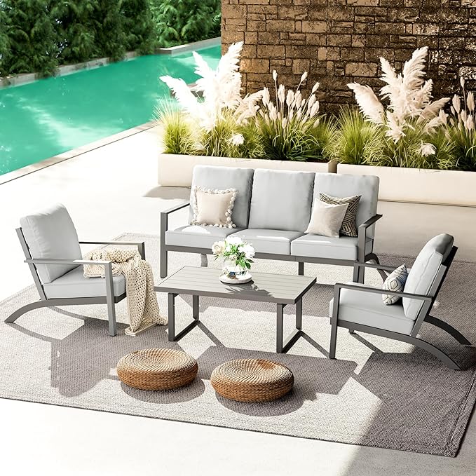 AECOJOY Outdoor Furniture Aluminum Patio Furniture Set, Metal Modern Outdoor Patio Furniture Conversation Set, Outdoor Furniture Aluminum Patio Set High Back Clearance in Grey