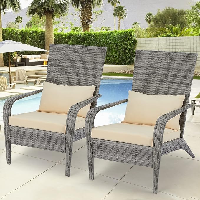 AECOJOY 2 Pieces Patio Adirondack Wicker Chair,PE Rattan Wicker Patio Dining Chair Set of 2, Grey Wicker Beige Cushion and Pillow for Garden, Backyard, Porch