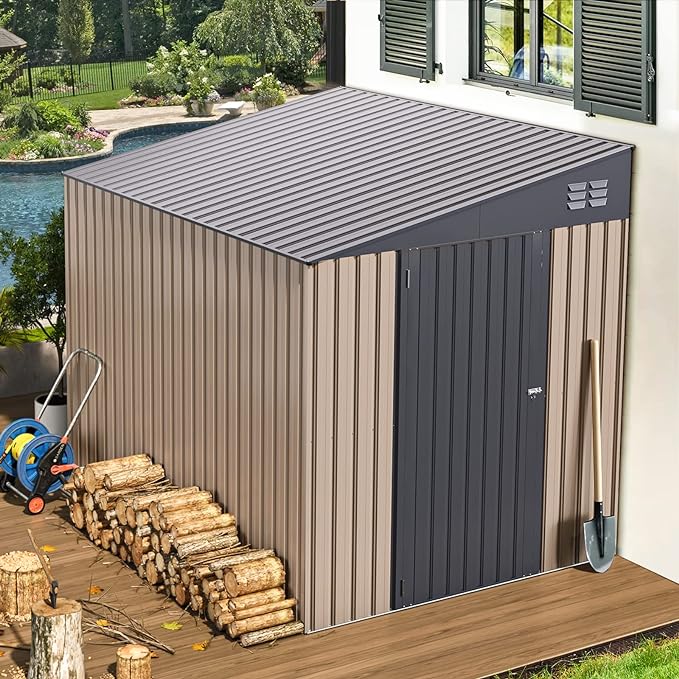 AECOJOY Storage Shed Lean to, Outdoor 6' x 8' Metal Wall Side Bike Shed & Outdoor Storage, Garden Storage Cabinet for Backayrd, Patio and Outdoor Use in Taupe