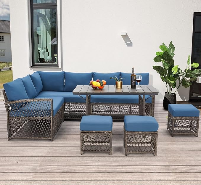 AECOJOY Patio Furniture Set, Outdoor Patio Furniture with Dining Table&Chair, 7 Pieces All Weather Wicker Conversation Set with Ottoman,Navy