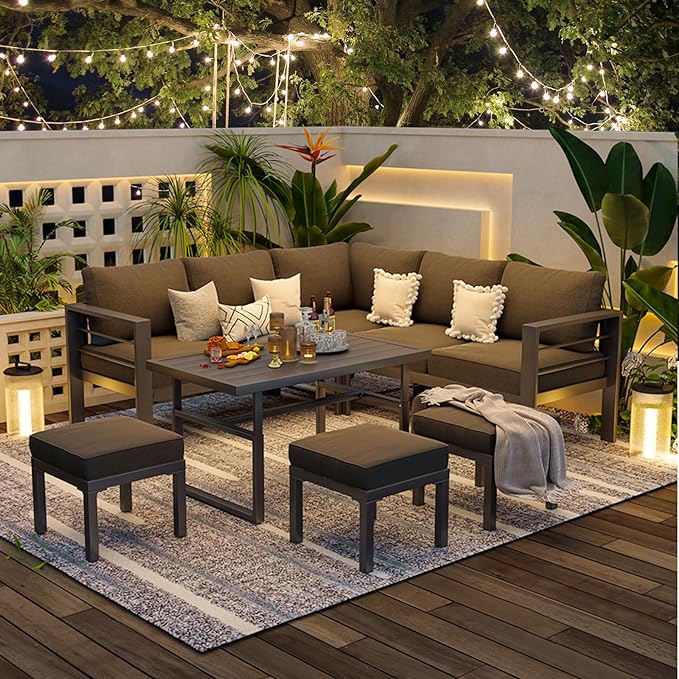 AECOJOY Aluminum Patio Furniture Set Modern Metal Outdoor Patio Furniture Clearance Outdoor Conversation Table and Chair Sets for Lawn Backyard and Deck with Dark Grey Cushions