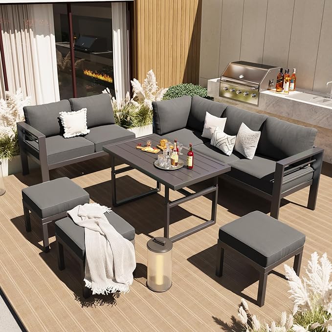 AECOJOY Aluminum Patio Furniture Set, Modern Metal Outdoor Patio Furniture Clearance, Outdoor Conversation Table and Chair Sets for Lawn, Backyard, and Deck with Dark Grey Cushions