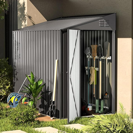 AECOJOY Outdoor Storage Shed Lean to, 4.2' x 7' Small Metal Wall Side Door Sheds & Outdoor Storage, Outdoor Storage Cabinet for Garden, Backyard and Outdoor Use in Dark Grey