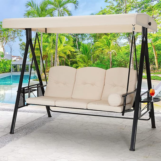 AECOJOY Outdoor Patio Swing Chair for Adults, 3-Seat Porch Swings with Adjustable Canopy, Outside Swing Bench with Removable Cushion, Suitable for Backyard, Garden, Yard, Poolside, Balcony (Beige)