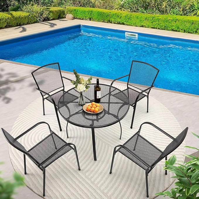 AECOJOY Metal Patio Table and Chairs Set for 4, Outdoor Dining Sets Patio Dining Table Furniture Set Round Outside Table and Chairs for Garden Backyard with 1.73" Umbrella Hole