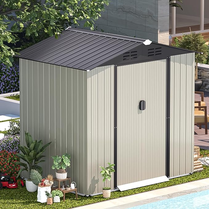 AECOJOY 6 x 4 Ft Shed, Small Outdoor Storage Tool Shed (Sliding Door), Metal Garden Shed for Yard, Outdoor Storage Clearance in Grey