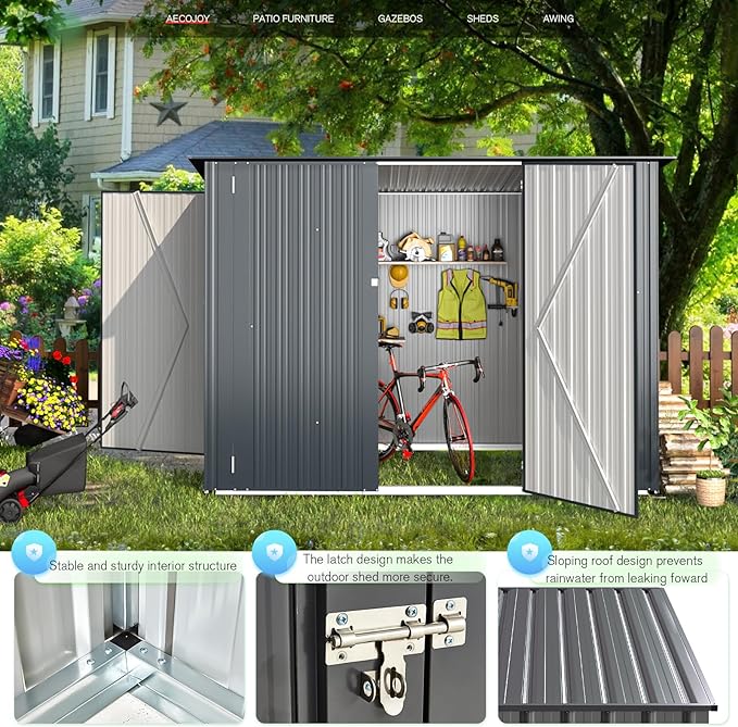 AECOJOY Bike Shed with Racks Inside, 4' x 7.5' Outdoor Horizontal Sheds & Outdoor Storage with Triple Lockable Door, Lean-to Small Metal Storage Cabinet for Bicycles, Tools Storage for Garden Use