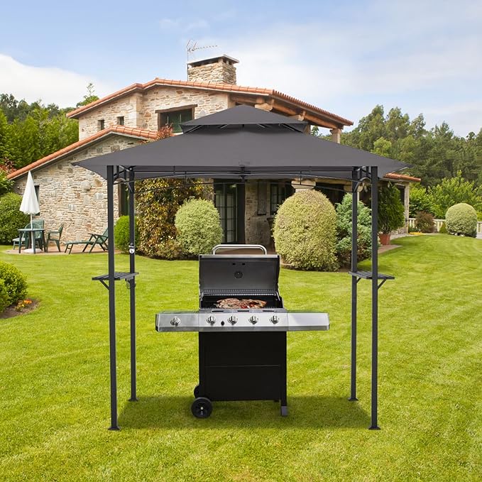 AECOJOY 8' x 5' Grill Gazebo, Grill Canopy for Outdoor Grill, 2- Tier BBQ Gazebo Shelter for Patio, Backyard and More (Dark Grey)