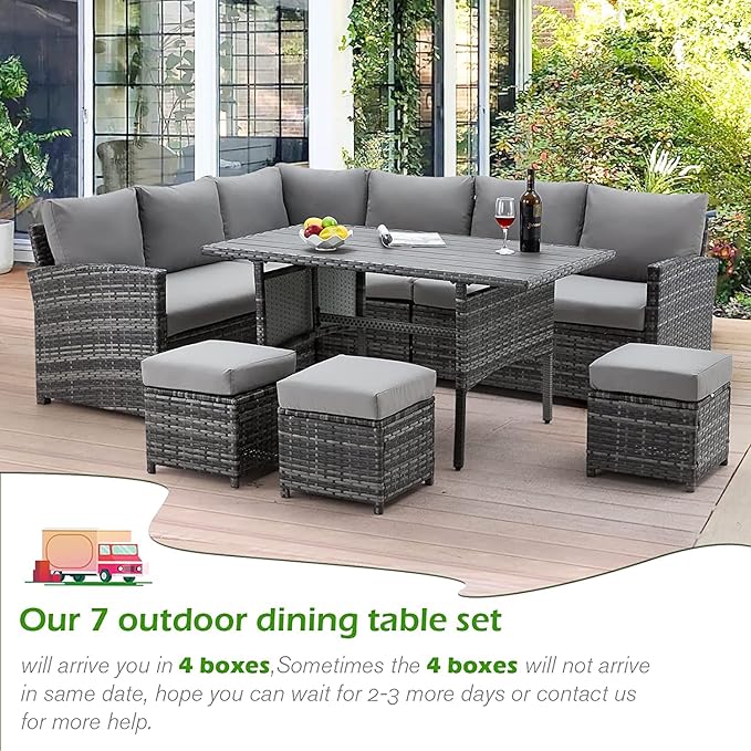 AECOJOY Patio Furniture Set, 7 Pieces Outdoor Patio Furniture with Dining Table&Chair, All Weather Wicker Conversation Set with Ottoman, Slategray