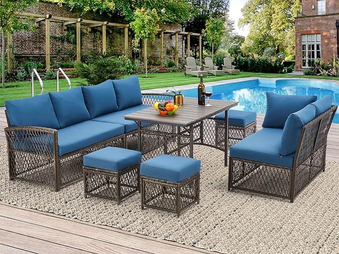 AECOJOY Patio Furniture Set, Outdoor Patio Furniture with Dining Table&Chair, 7 Pieces All Weather Wicker Conversation Set with Ottoman,Navy