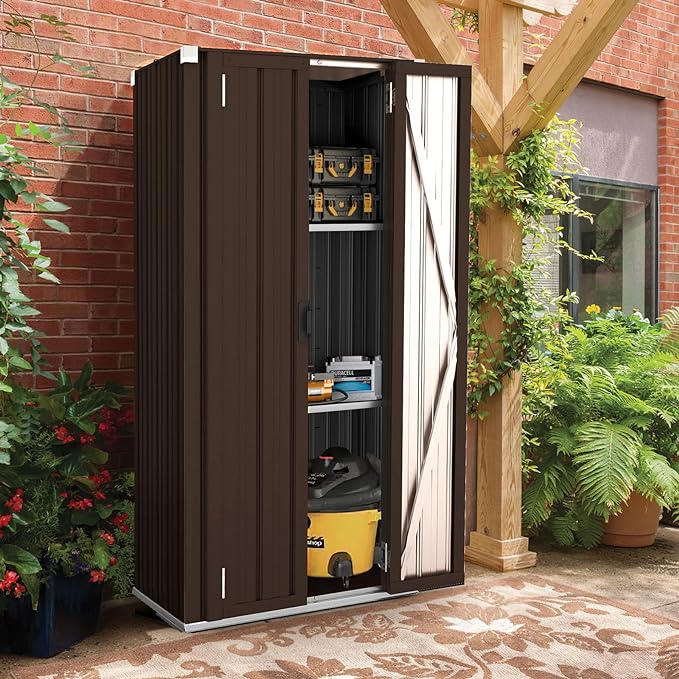 AECOJOY Outdoor Storage Shed Cabinet Waterproof with 3-Tier Adjustable Shelves, Lockable Metal Outdoor Garden Versatile Storage Shed Organizer, for Garage, Backyard, or Indoor Use